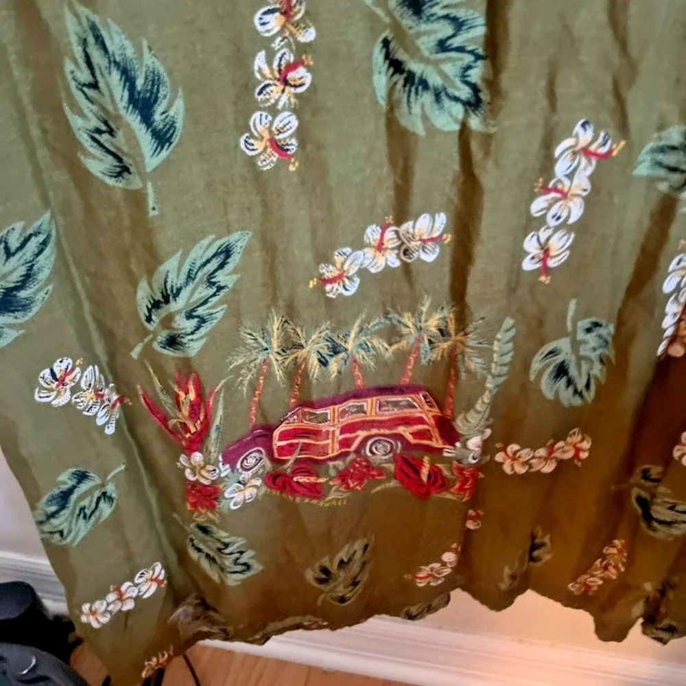 Island X Hawaiian Aloha Maxi Dress size Large‎ Rayone Green  Palms Hibiscus Van